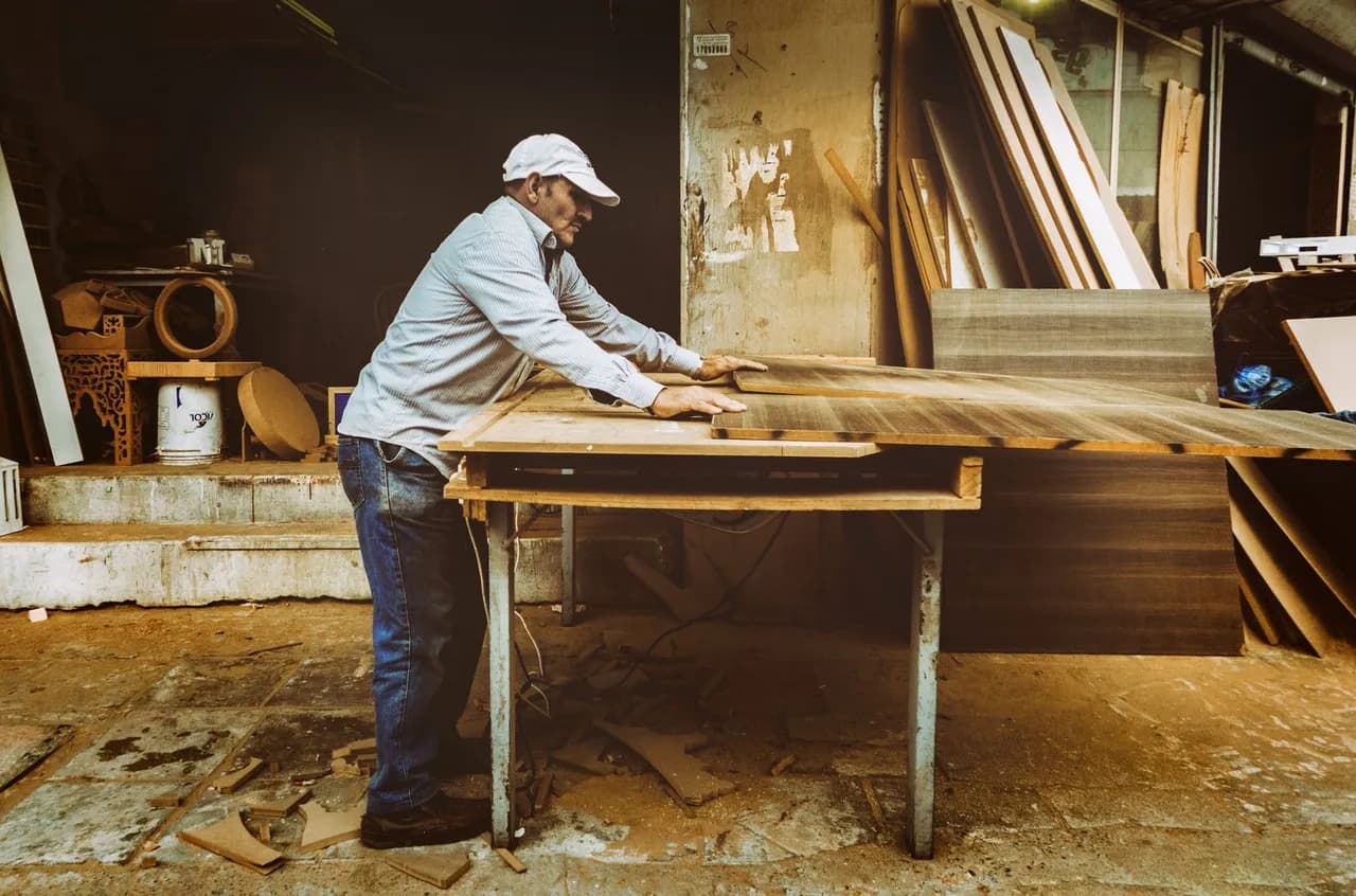 Artisan menuisier concentré sur un projet de travail du bois dans son atelier, entouré de ses outils.